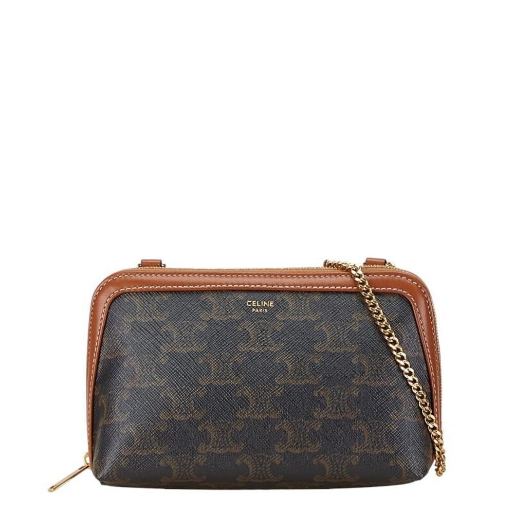 Celine Triomphe Chain Shoulder Bag Black Leather